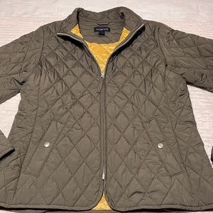 Lands End olive jacket with gold liner. Snap closure.